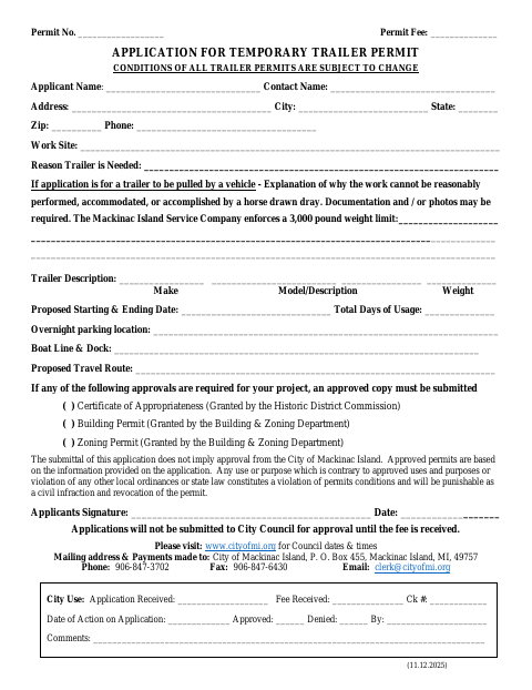 First page of the Application For Temporary Trailer Permit