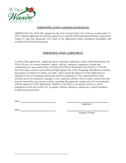 First page of the Indemnification and Hold Harmless Agreement