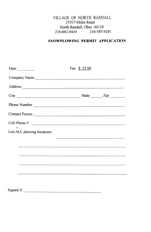 First page of the Snowplowing Permit Application