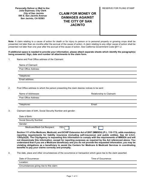 First page of the Claim for Money or Damages Against the City of San Jacinto