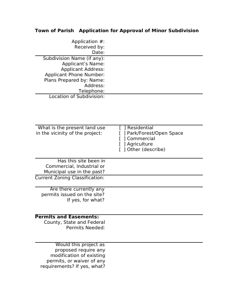 First page of the Application for Approval of Minor Subdivision