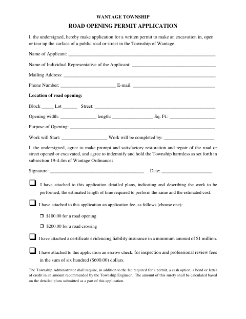 First page of the Road Opening Permit Application