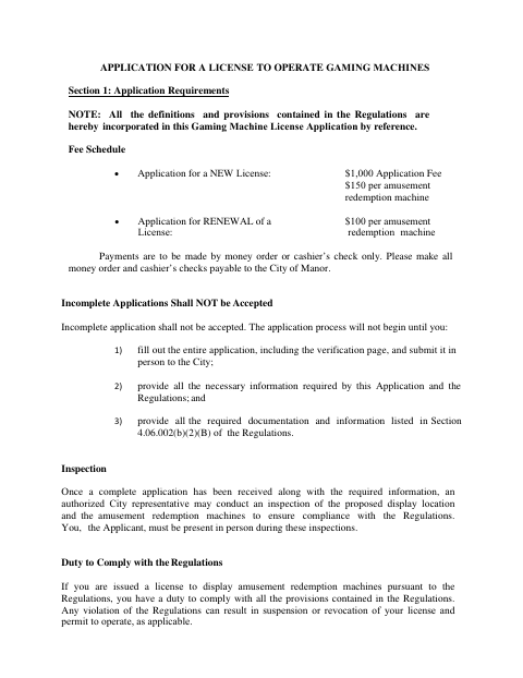 First page of the Application for a License to Operate Gaming Machines