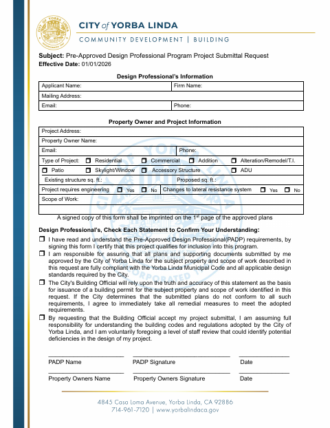 First page of the Pre-Approved Design Professional Program Project Submittal
