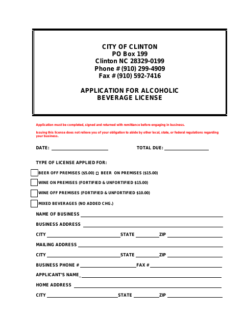 First page of the Application for Alcoholic Beverage License