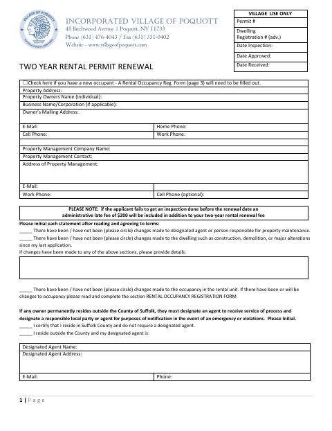 First page of the Two-Year Rental Permit Renewal