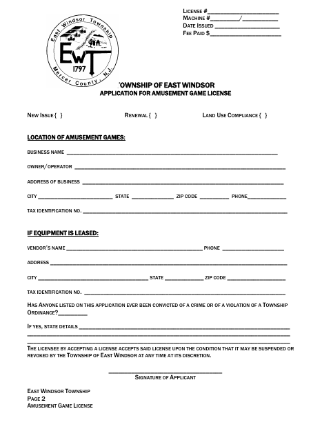 First page of the Application for Amusement Game License