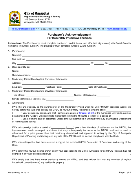 First page of the Purchaser's Acknowledgement for Moderately Priced Dwelling Units