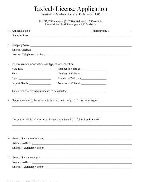 First page of the Taxicab License Application