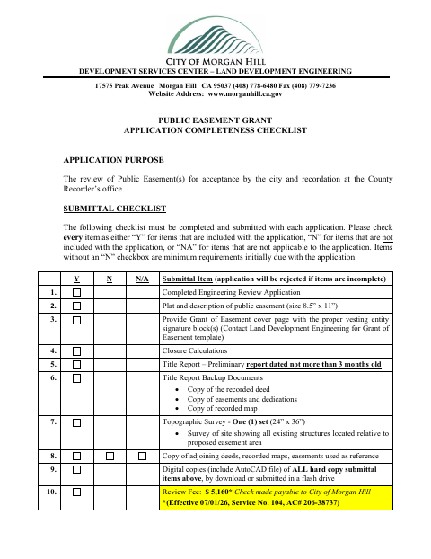 First page of the Public Easement Grant Application Completeness Checklist