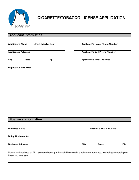 First page of the Cigarette and Tobacco License Application