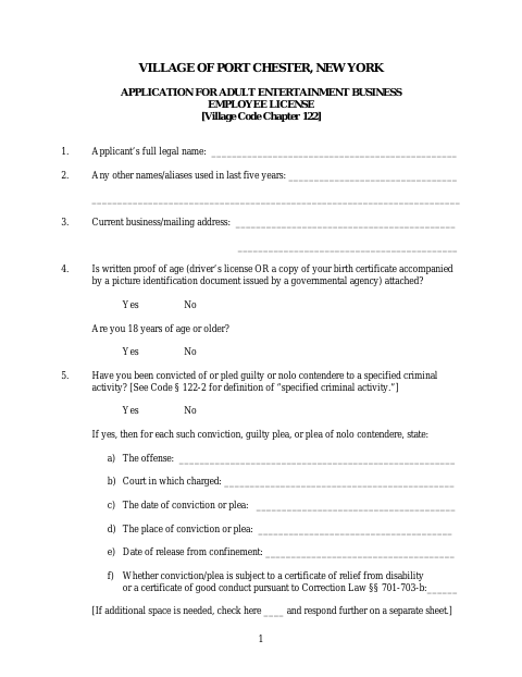 First page of the Adult Entertainment Business Employee License Application