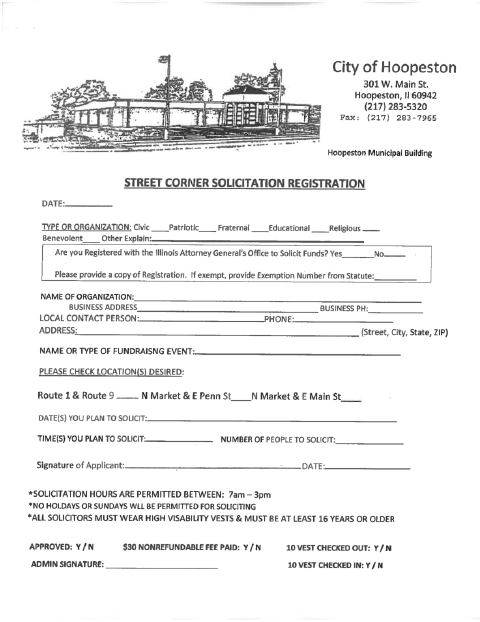 First page of the Street Corner Solicitation Registration