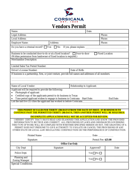 First page of the Vendors Permit Application