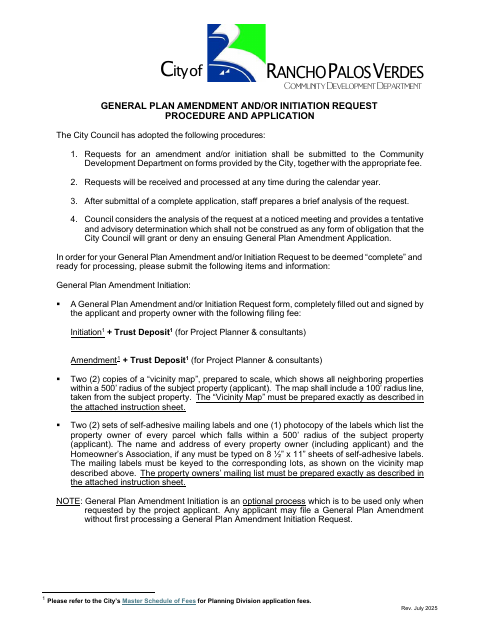 First page of the General Plan Amendment and/or Initiation Request Procedure and Application