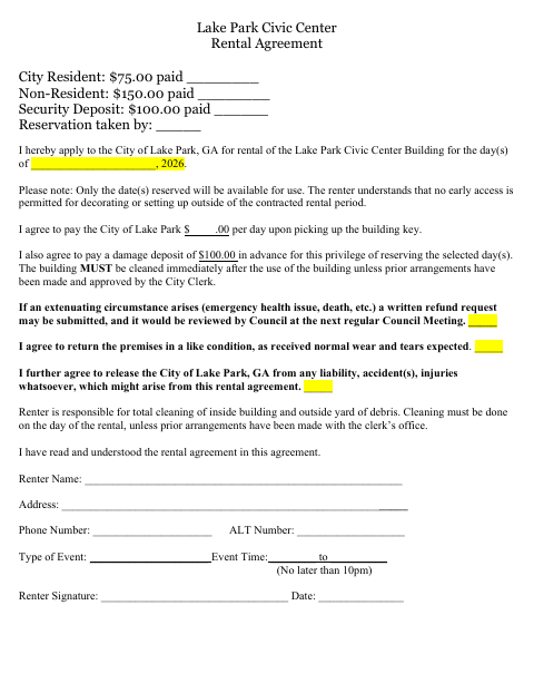 First page of the Civic Center Rental Agreement