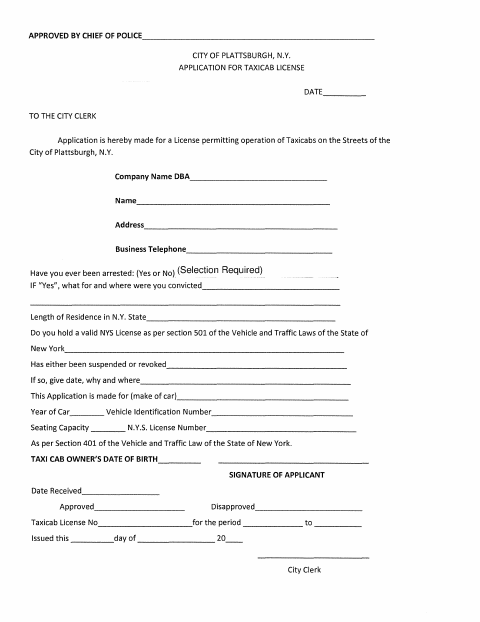 First page of the Taxicab License Application