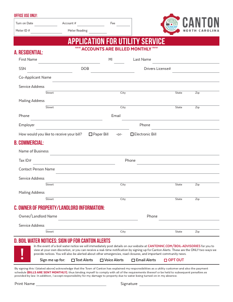 First page of the Application for Utility Service