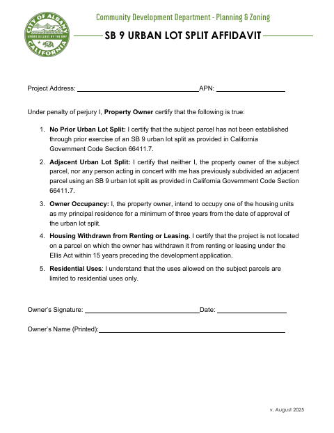 First page of the SB 9 Urban Lot Split Affidavit
