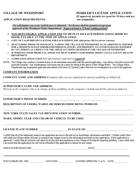 First page of the Peddler's License Application