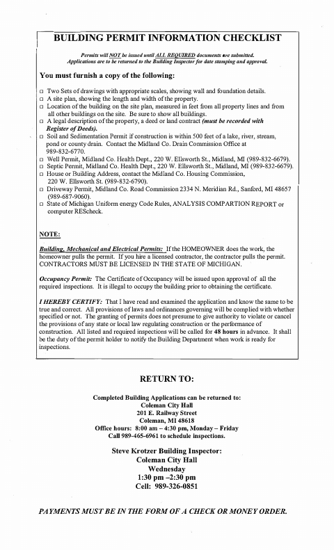 First page of the Building Permit Information Checklist