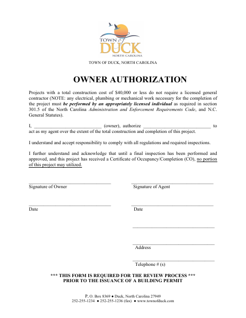 First page of the Owner Authorization