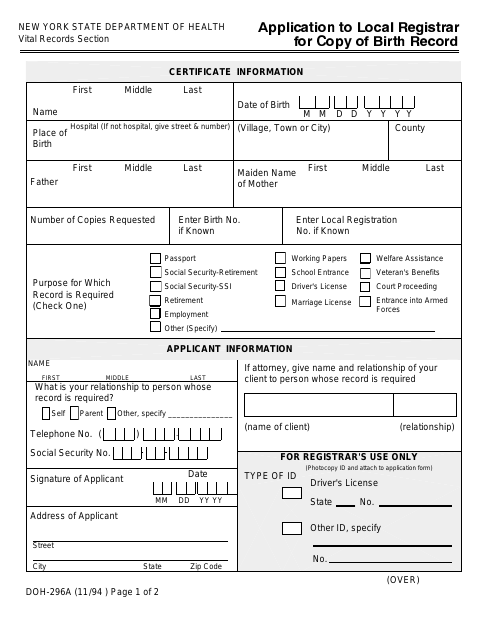 First page of the Application to Local Registrar for Copy of Birth Record