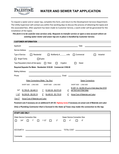First page of the Water and Sewer Tap Application