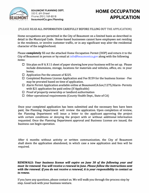 First page of the Home Occupation Application