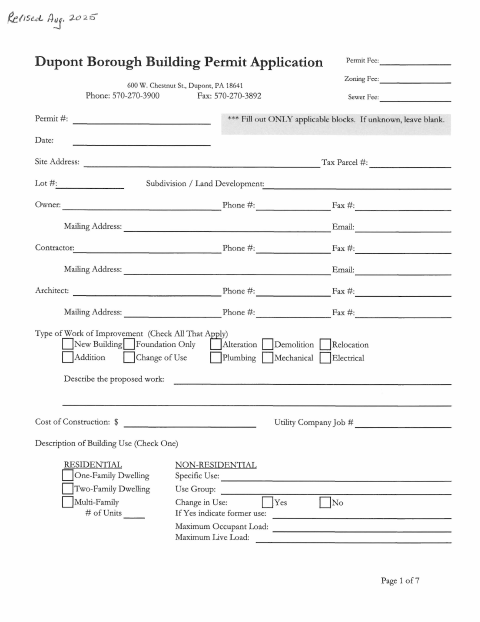 First page of the Building Permit Application