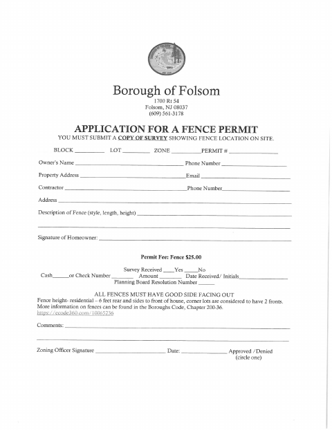 First page of the Application for a Fence Permit