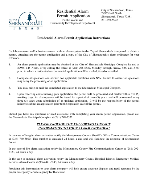 First page of the Residential Alarm Permit Application