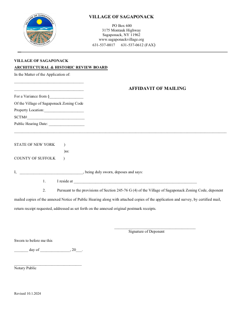 First page of the Architectural & Historic Review Board Affidavit of Mailing