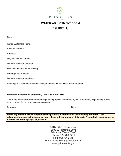 First page of the Water Adjustment Form Exhibit (A)