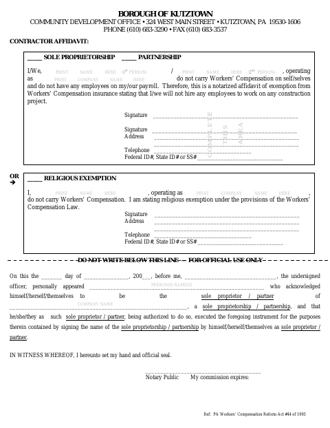 First page of the Contractor Workers’ Compensation Affidavit