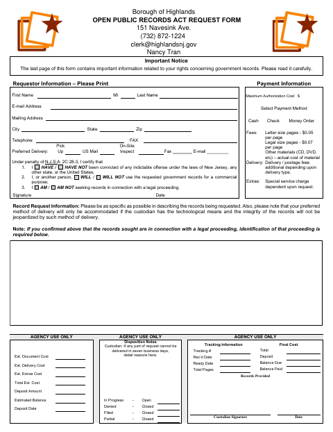 First page of the Open Public Records Act Request Form