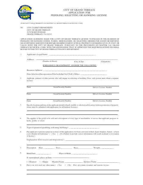 First page of the Application for Peddling, Soliciting or Hawking License