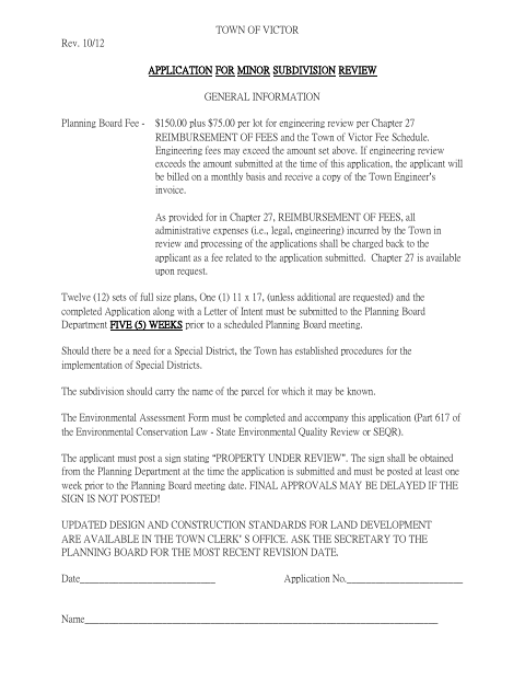 First page of the Minor Subdivision Application