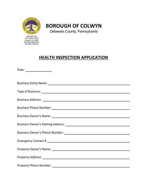 First page of the Health Inspection Application