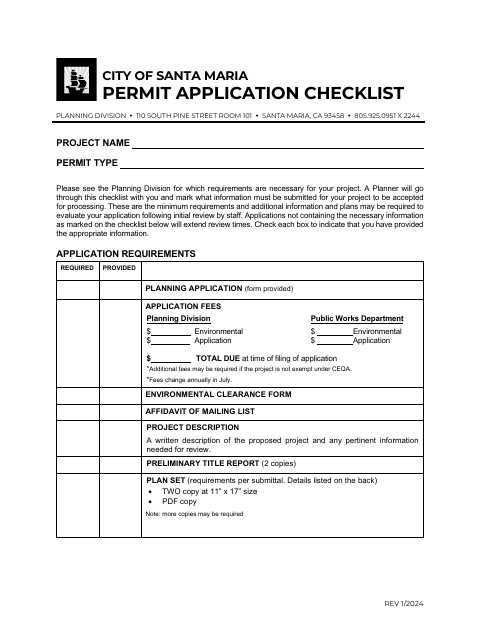 First page of the Permit Application Checklist