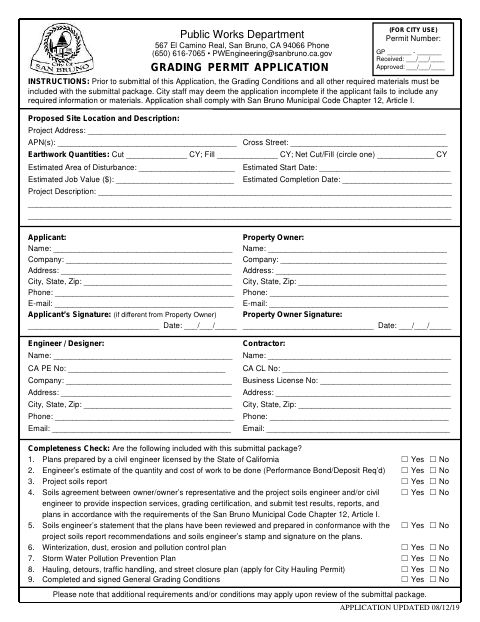 First page of the Grading Permit Application