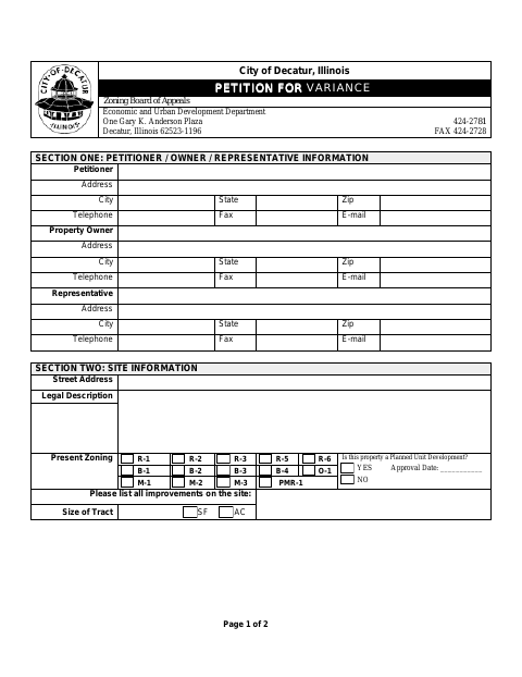 First page of the Zoning Variance Petition
