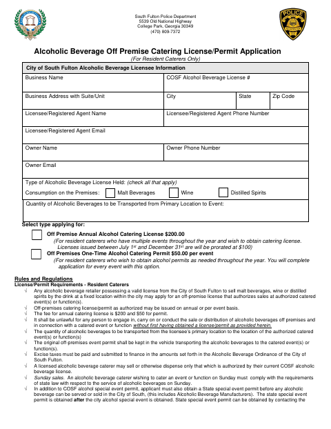 First page of the Off-Premise Alcohol Catering License and Permit Application