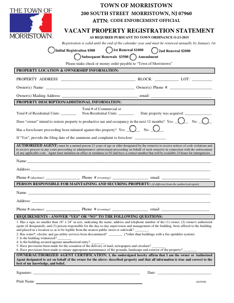 First page of the Vacant Property Registration Statement