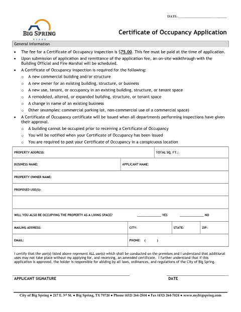 First page of the Certificate of Occupancy Application