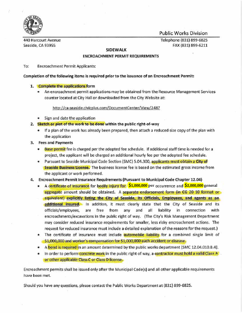 First page of the Sidewalk Repairs Encroachment Permit