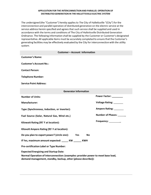 First page of the Distributed Generation Application