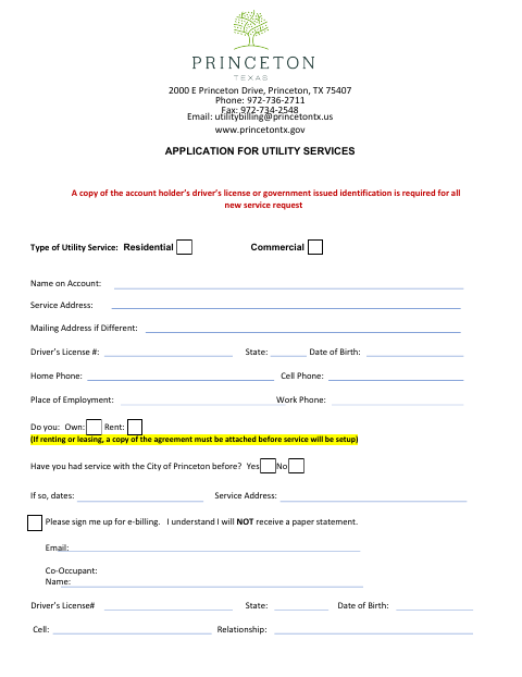 First page of the Application for Utility Services