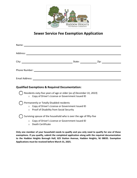 First page of the Sewer Service Fee Exemption Application