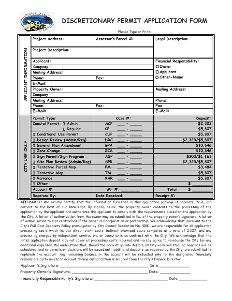First page of the Discretionary Permit Application Form